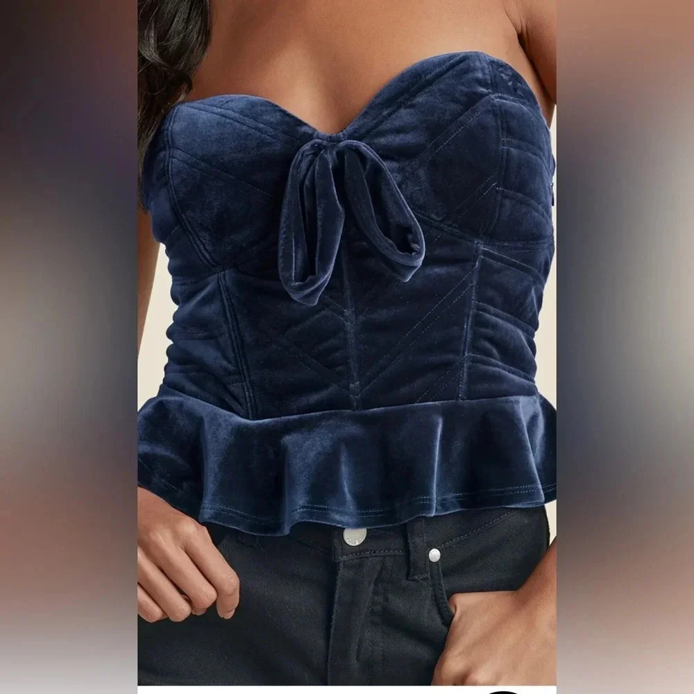 Rich Blue Crushed Velvet ruffle crop top